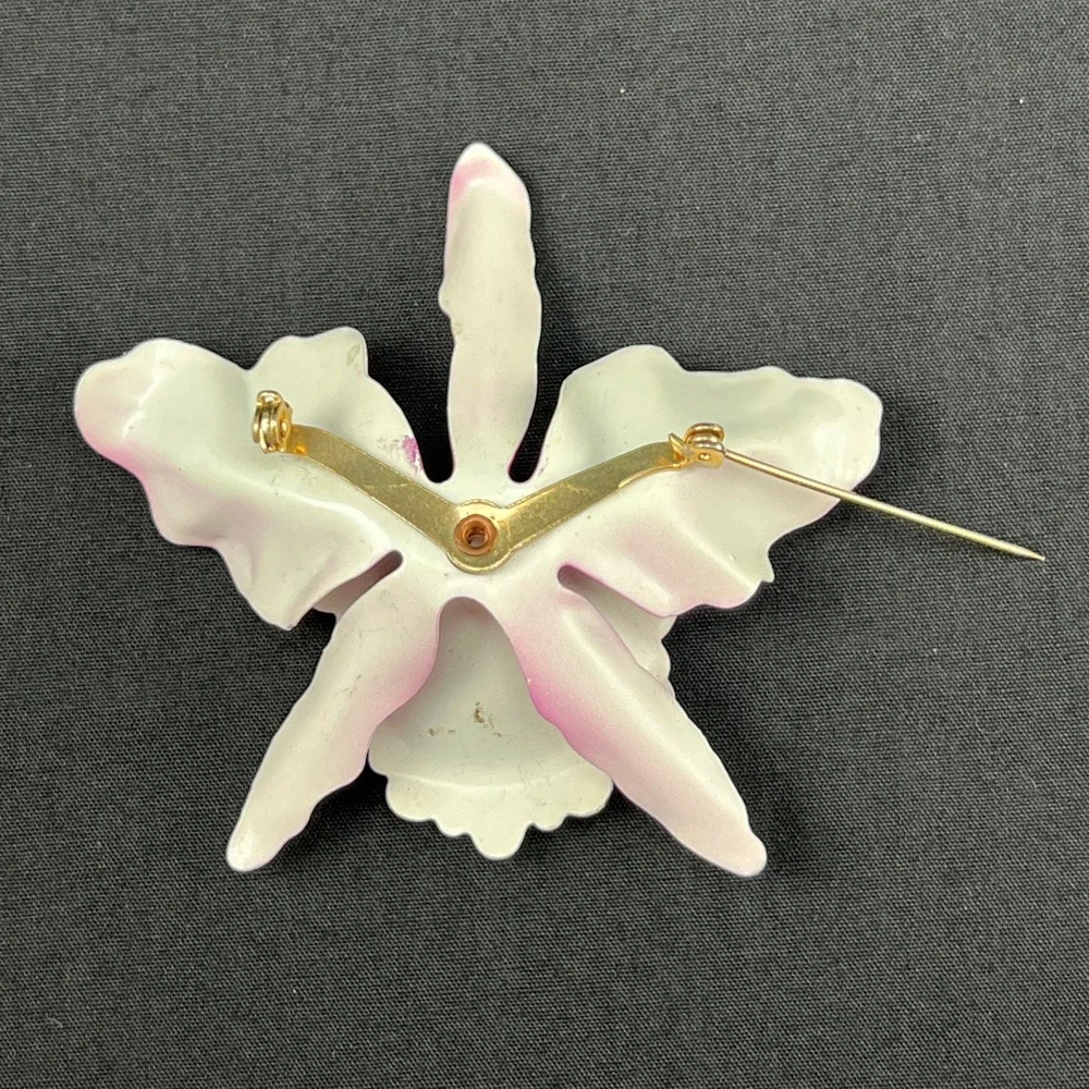 Vintage Brooch Enamel‎ Flower Pink White Orchid Pin Large 3